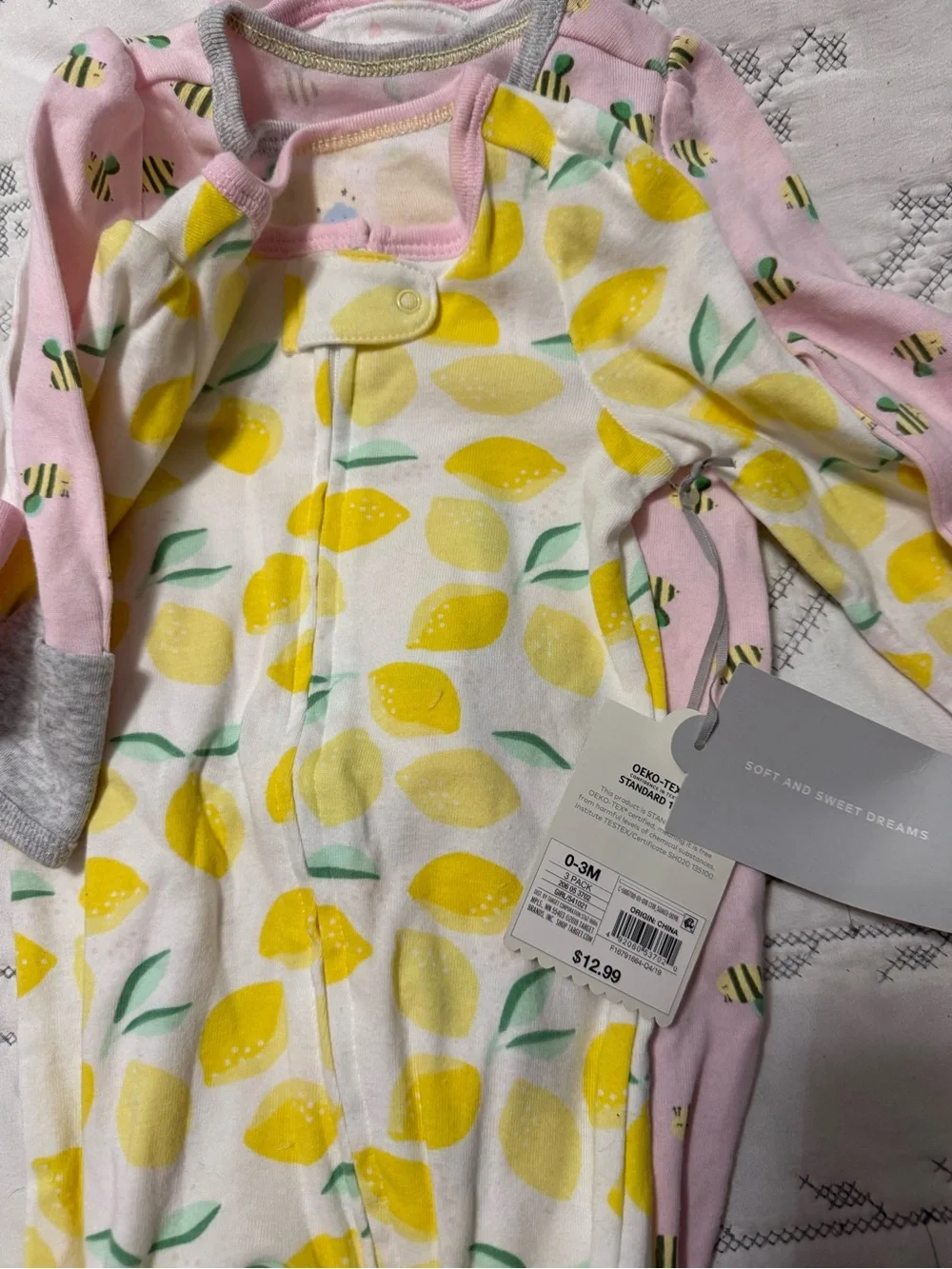 Cloud Island Lemon Print and Pink Bee Baby Sleepers, 0-3 month, New